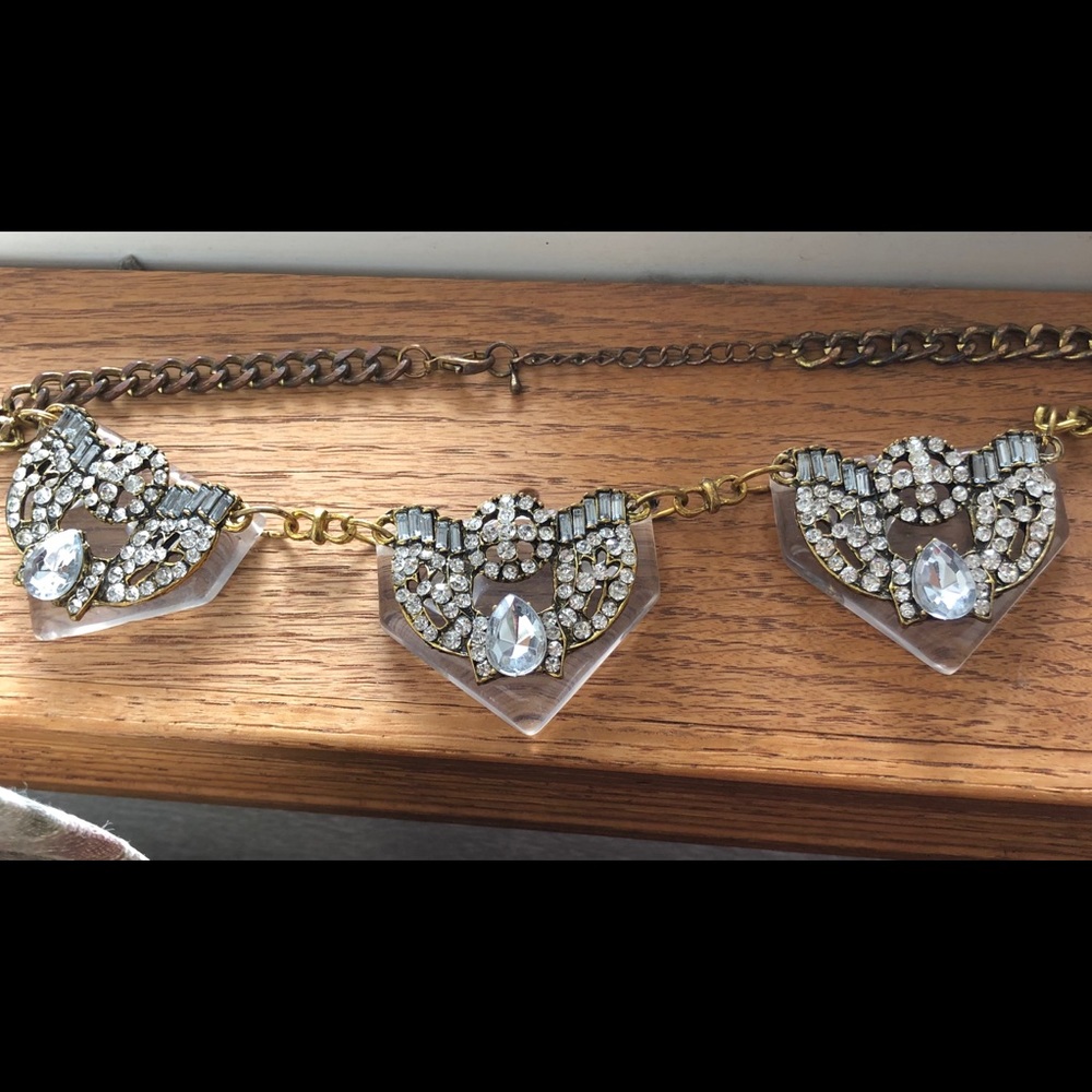 Art deco look Lucite + rhinestone unique necklace